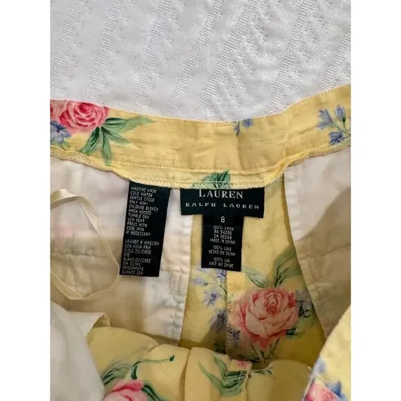 Lauren Ralph Lauren High Rise Shorts Yellow Floral Linen Women's ~24.5" Cottage - Picture 12 of 12